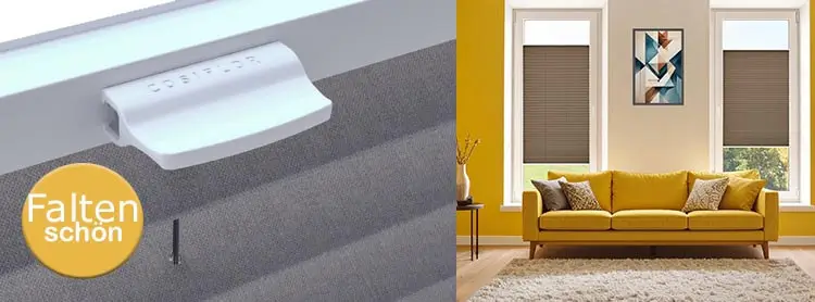 Wohnzimmer Plisseee in Farbe grau mit Griffbedienung 