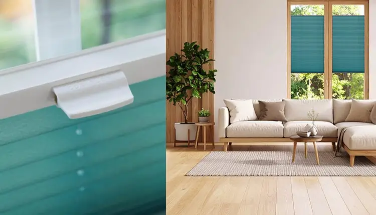 Faltstores Jalousie türkis für bodentiefe Fenster